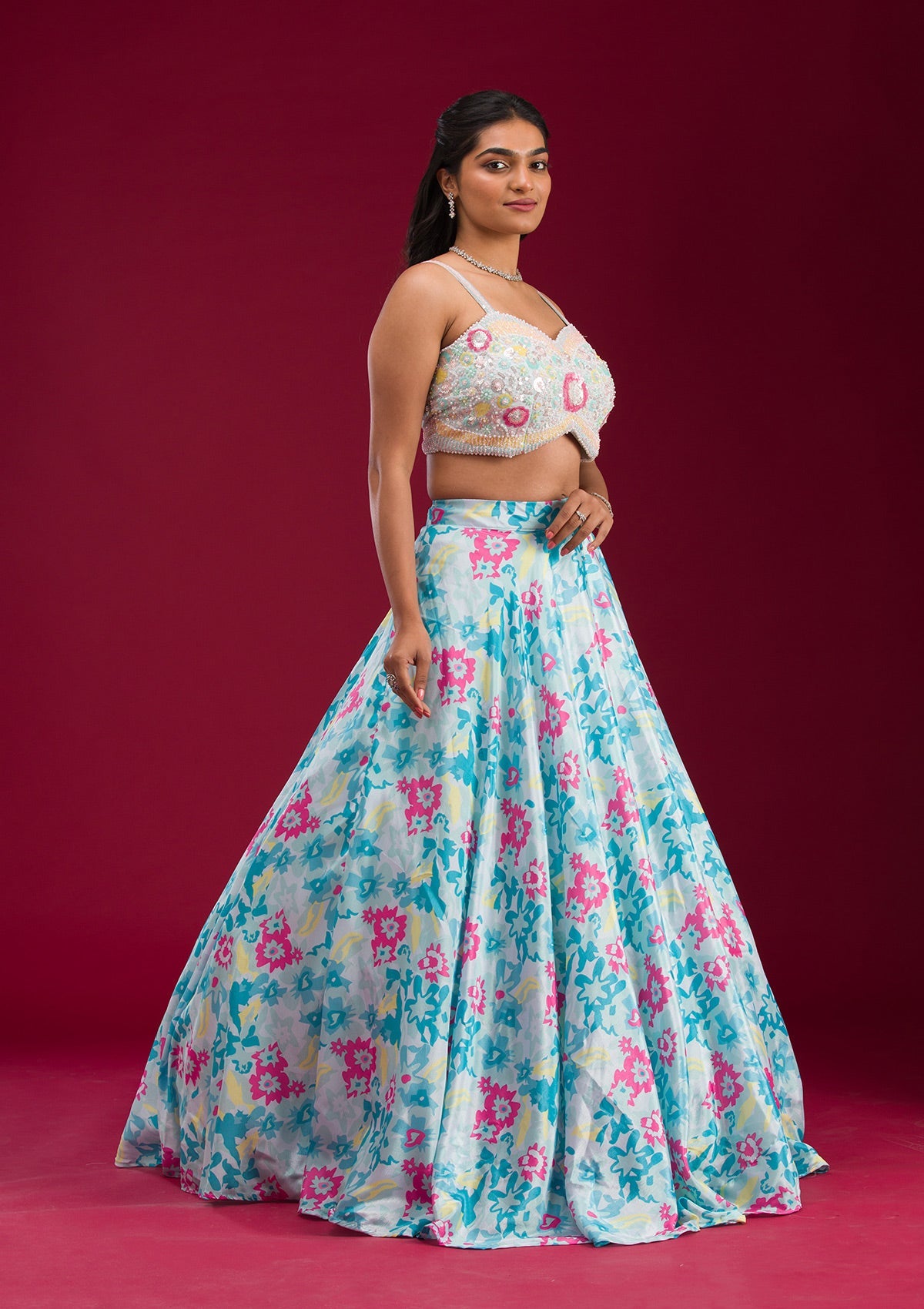 Sky Blue Sequins Semi Crepe Readymade Lehenga