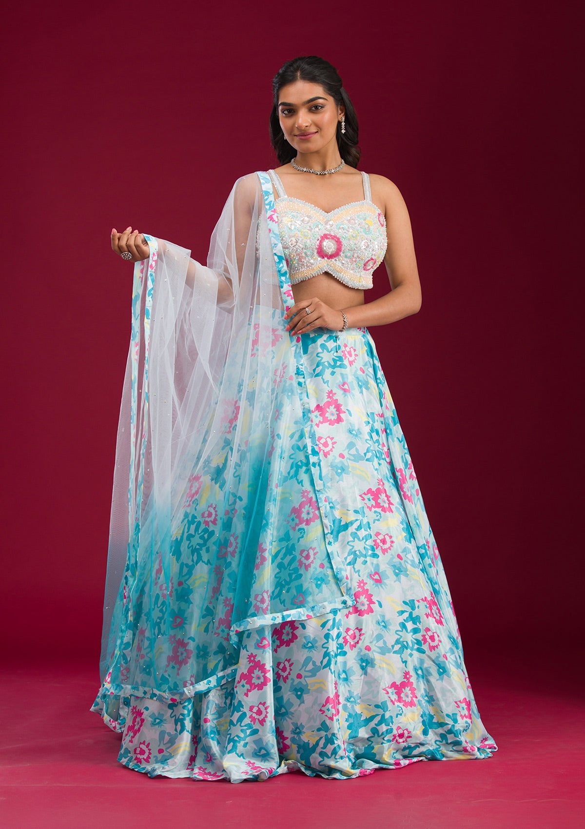 Sky Blue Sequins Semi Crepe Readymade Lehenga-Koskii