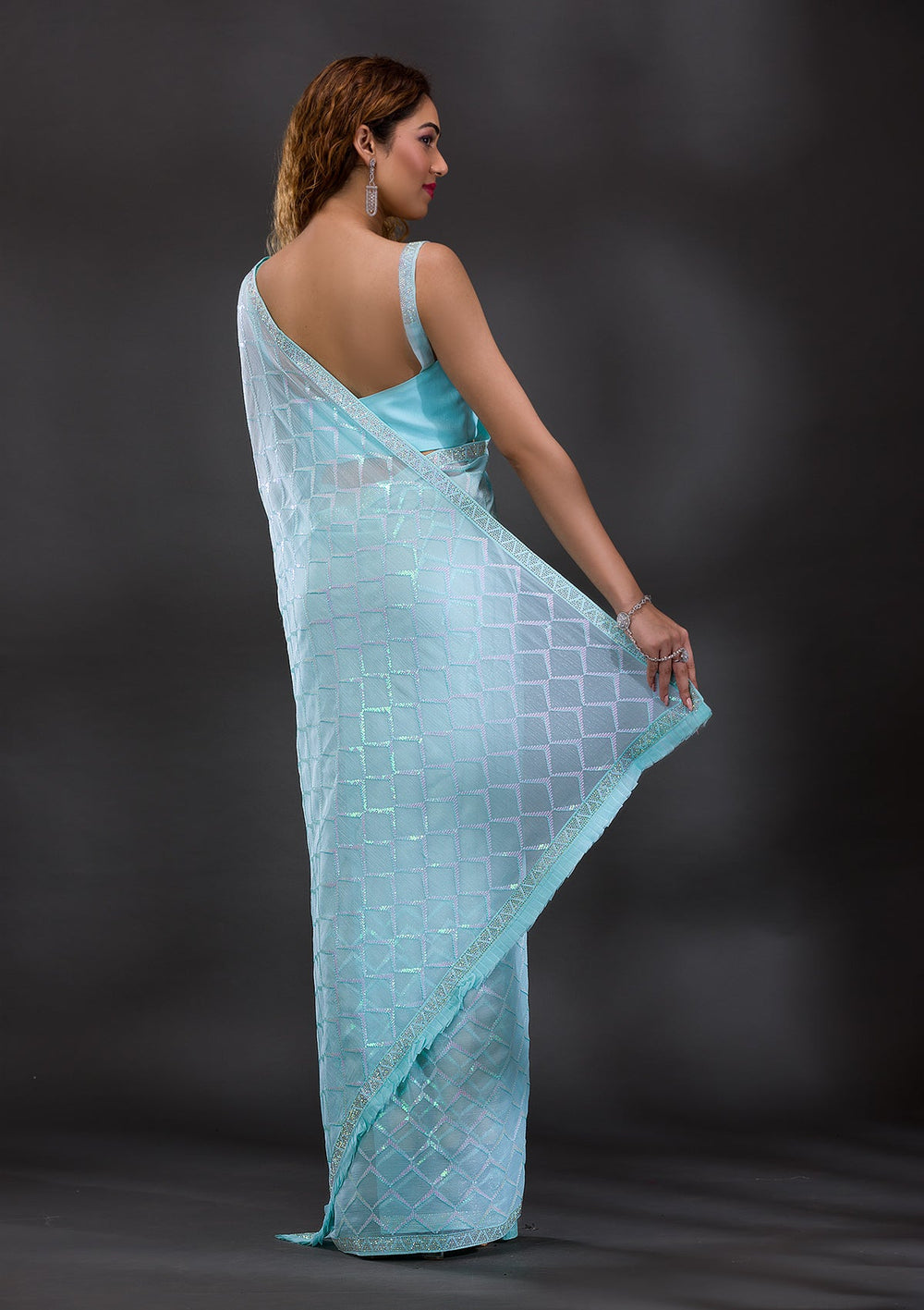 Sky Blue Sequins Shimmer Georgette Saree-Koskii