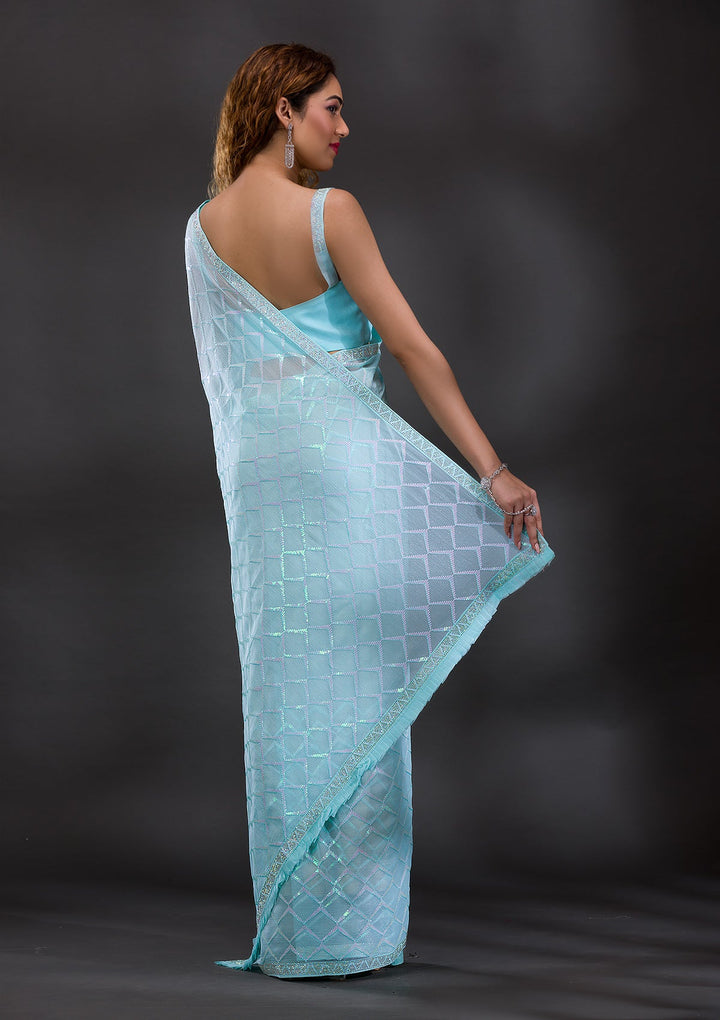Sky Blue Sequins Shimmer Georgette Saree-Koskii