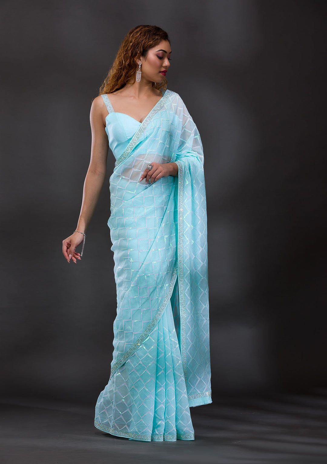 Sky Blue Sequins Shimmer Georgette Saree-Koskii