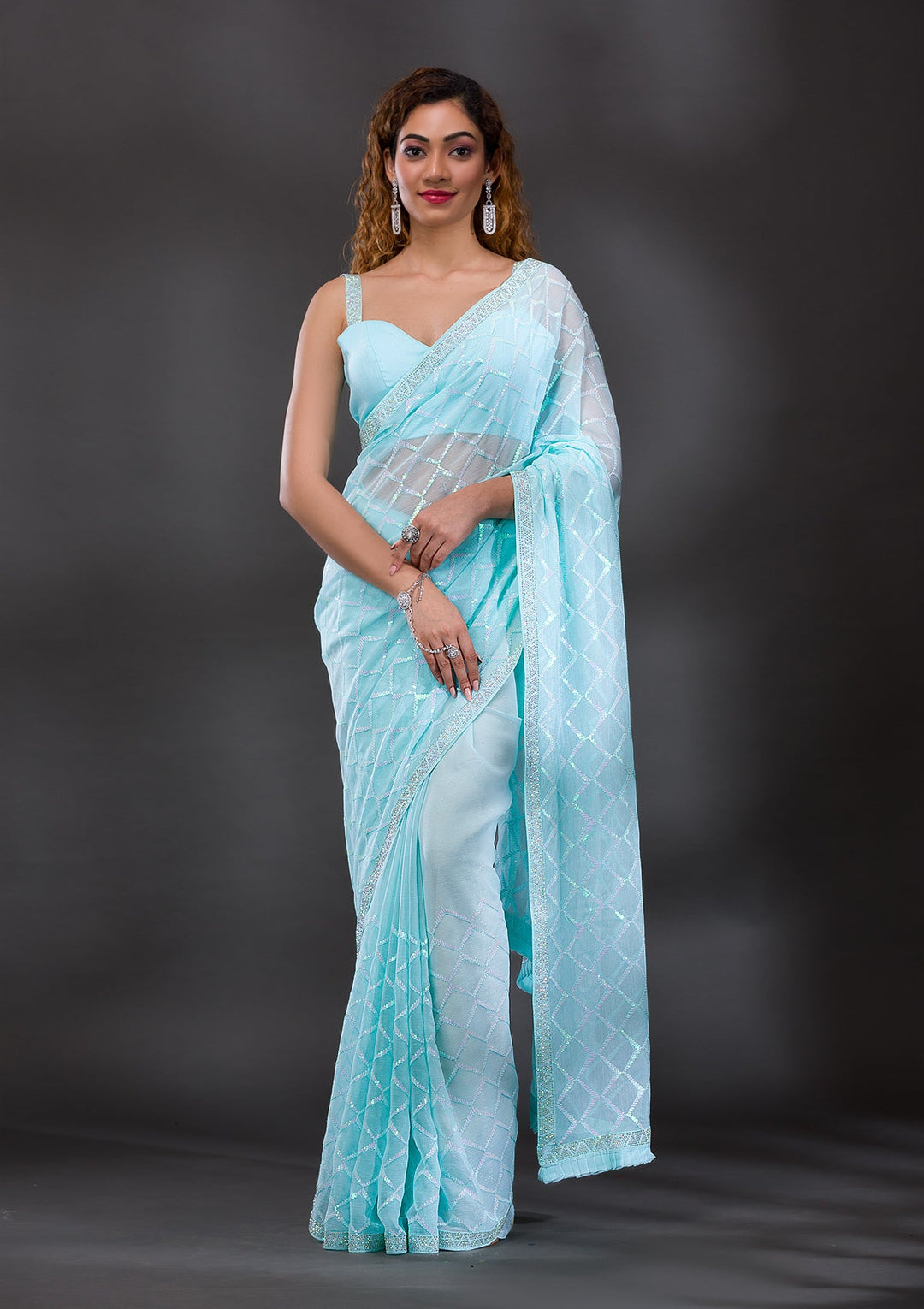 Sky Blue Sequins Shimmer Georgette Saree-Koskii