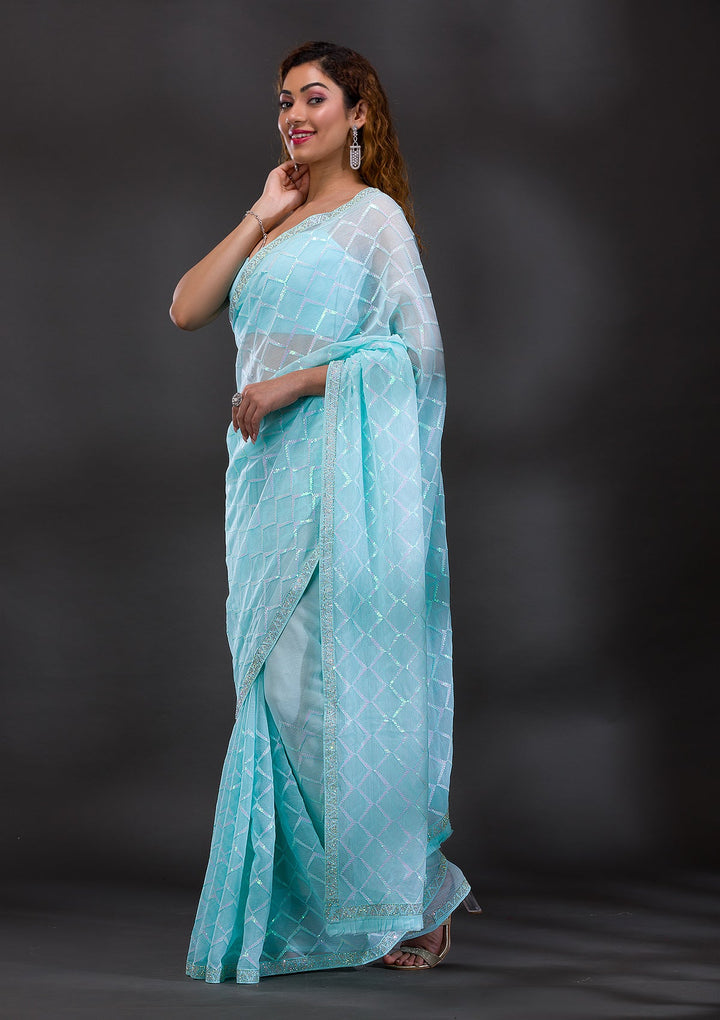Sky Blue Sequins Shimmer Georgette Saree-Koskii