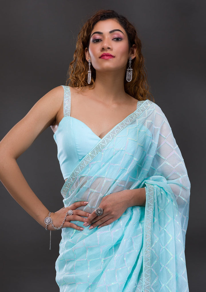 Sky Blue Sequins Shimmer Georgette Saree-Koskii