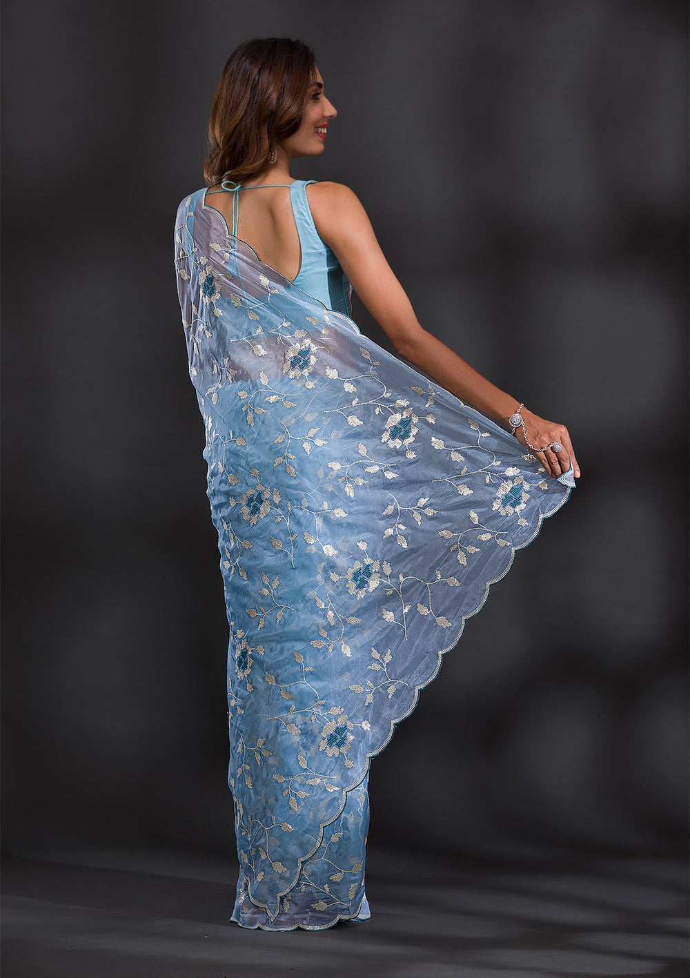 Sky Blue Sequins Tissue Saree-Koskii