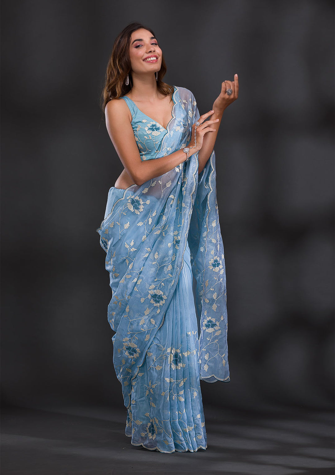 Sky Blue Sequins Tissue Saree-Koskii