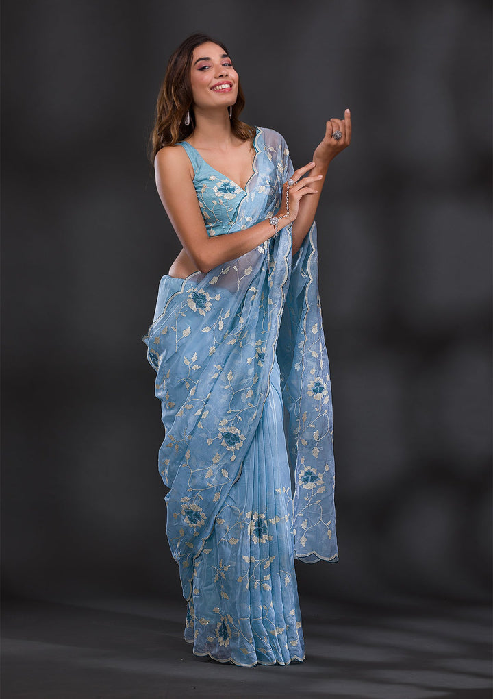 Sky Blue Sequins Tissue Saree-Koskii