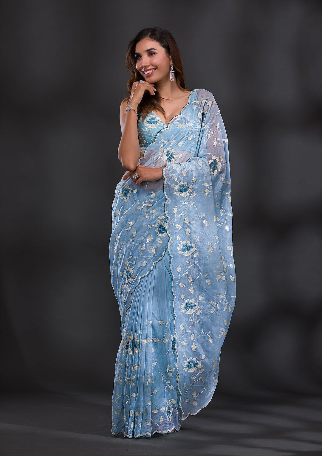 Sky Blue Sequins Tissue Saree-Koskii