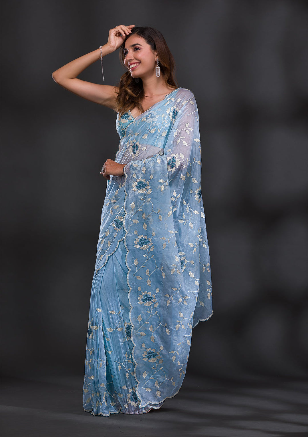 Sky Blue Sequins Tissue Saree-Koskii