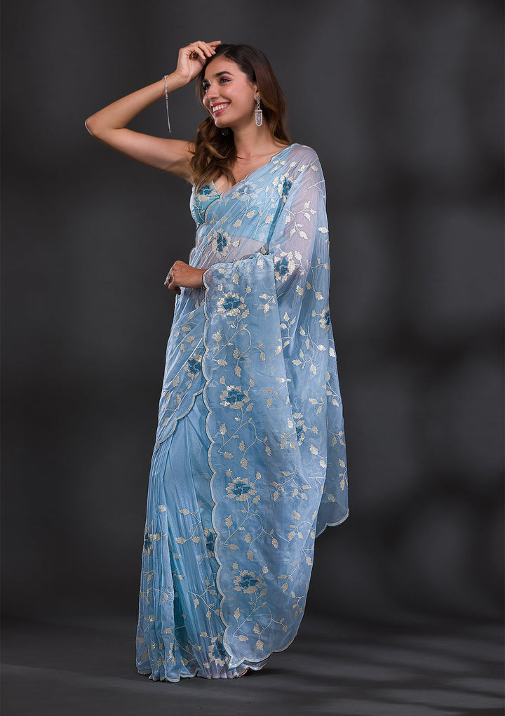 Sky Blue Sequins Tissue Saree-Koskii