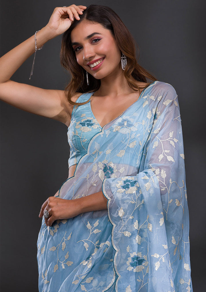 Sky Blue Sequins Tissue Saree-Koskii