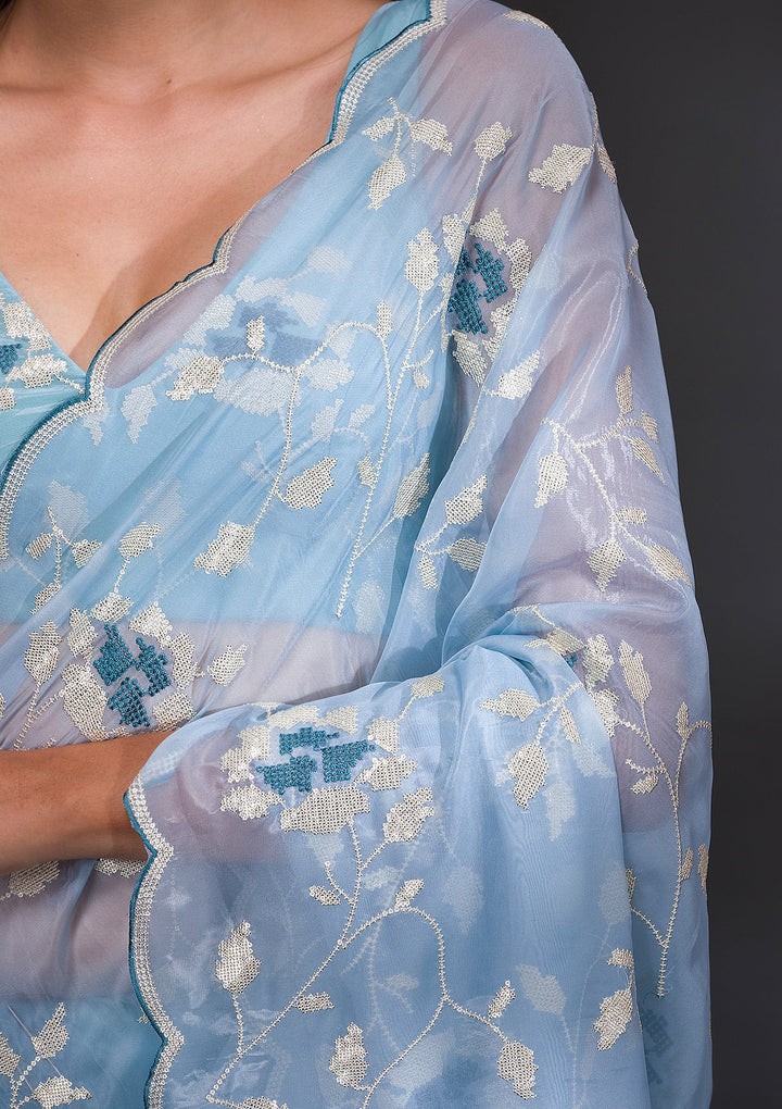 Sky Blue Sequins Tissue Saree-Koskii