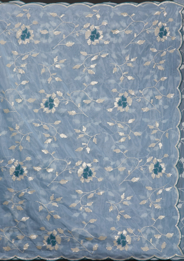 Sky Blue Sequins Tissue Saree-Koskii