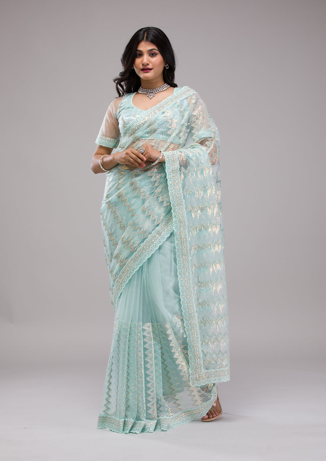 Sky Blue Sequins Tissue Saree