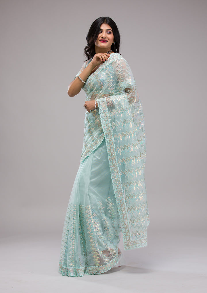 Sky Blue Sequins Tissue Saree