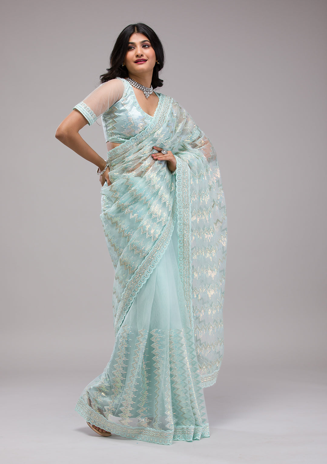 Sky Blue Sequins Tissue Saree