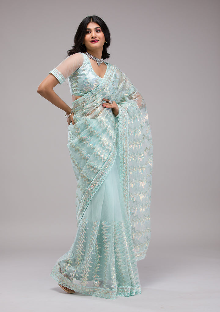 Sky Blue Sequins Tissue Saree