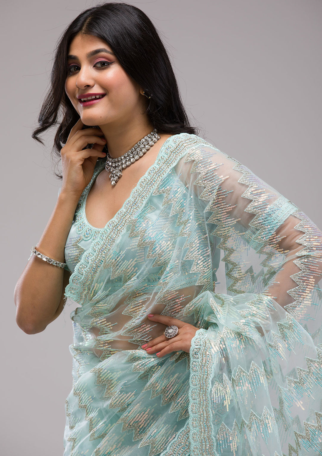 Sky Blue Sequins Tissue Saree