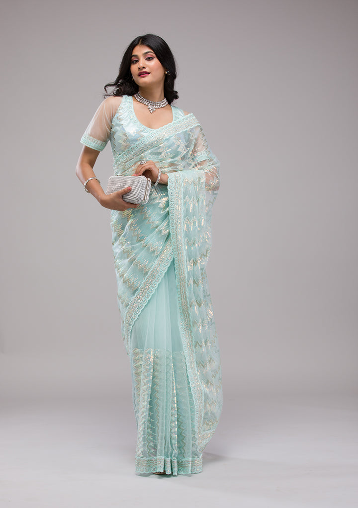 Sky Blue Sequins Tissue Saree