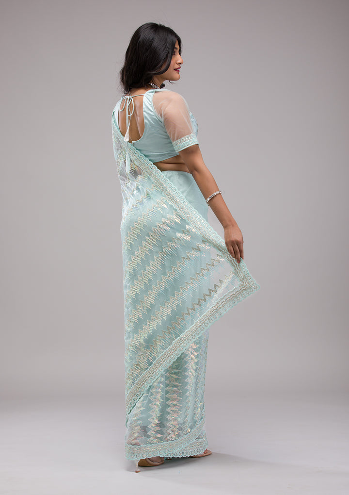 Sky Blue Sequins Tissue Saree