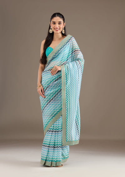 Sky Blue Sequins Tissue Saree-Koskii