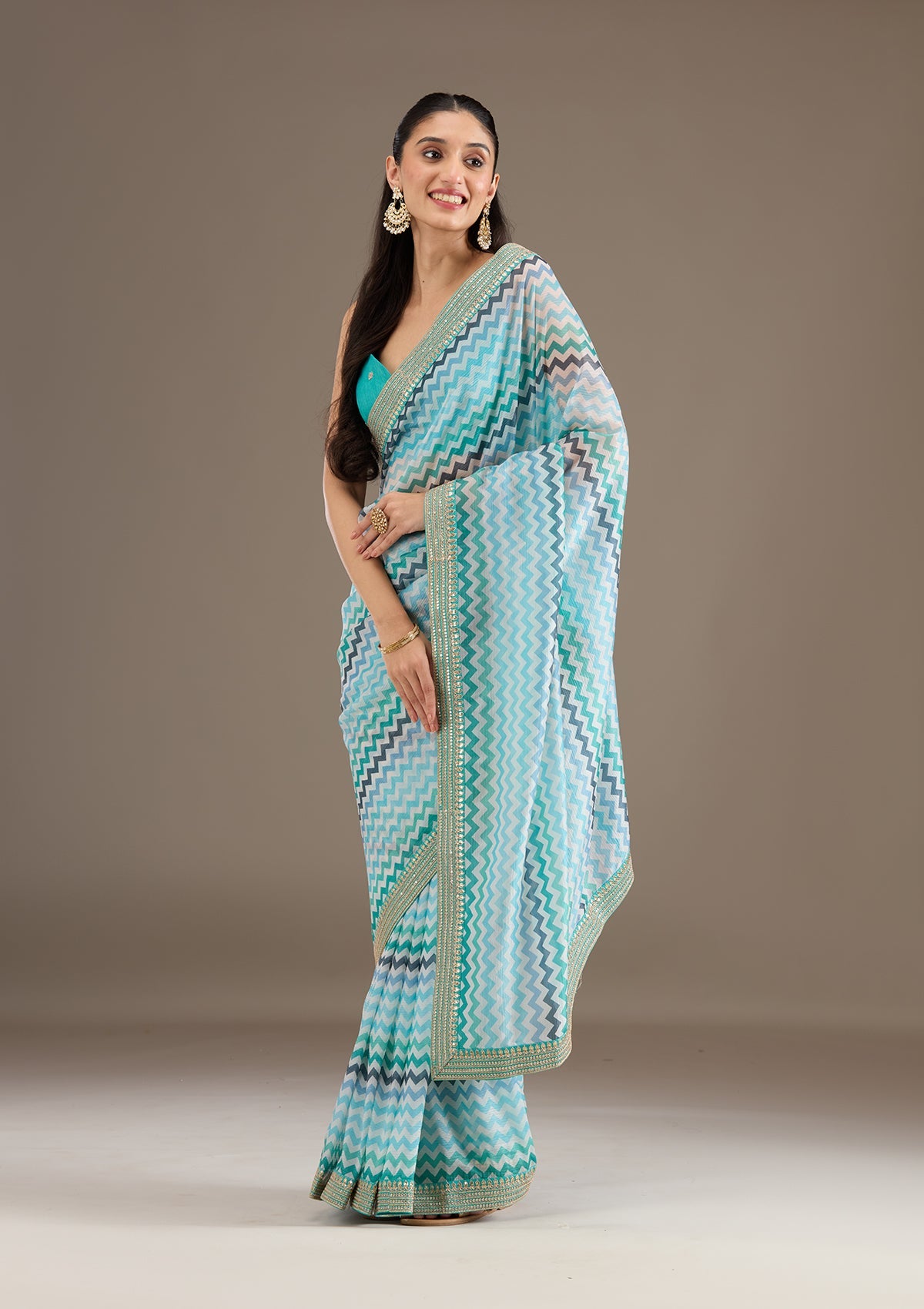 Sky Blue Sequins Tissue Saree-Koskii