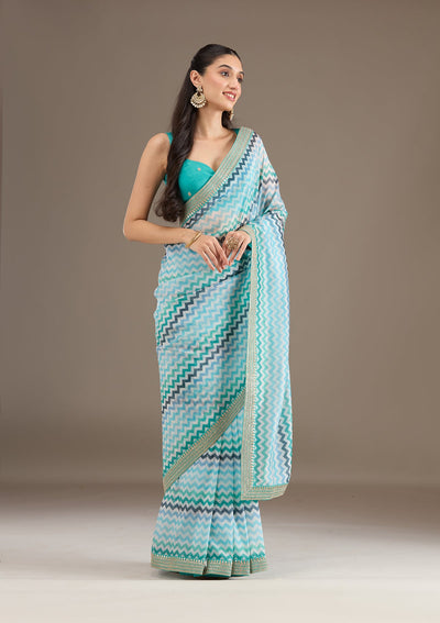 Sky Blue Sequins Tissue Saree-Koskii