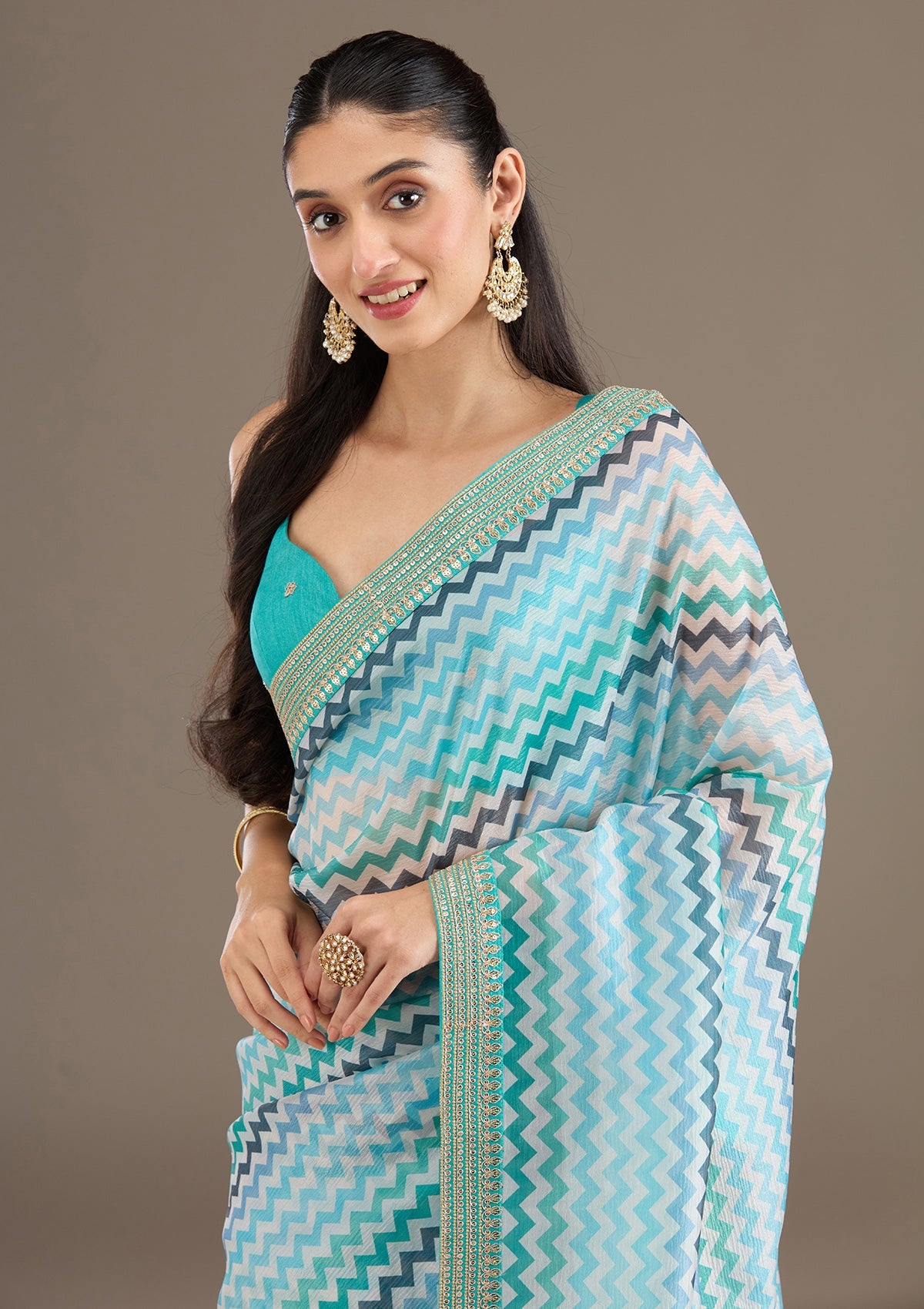 Sky Blue Sequins Tissue Saree-Koskii