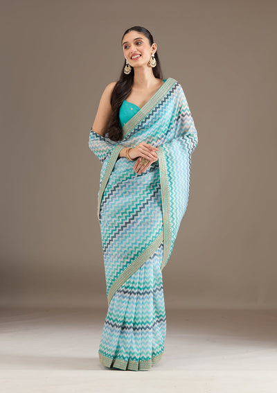 Sky Blue Sequins Tissue Saree-Koskii