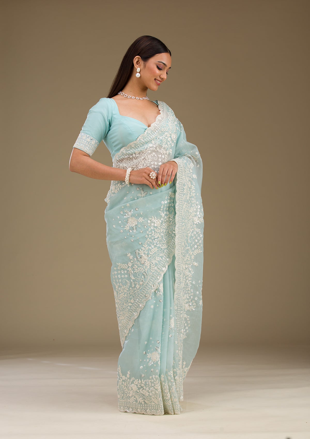 Sky Blue Sequins Tissue Saree-Koskii