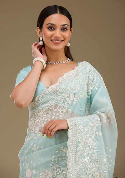 Sky Blue Sequins Tissue Saree-Koskii