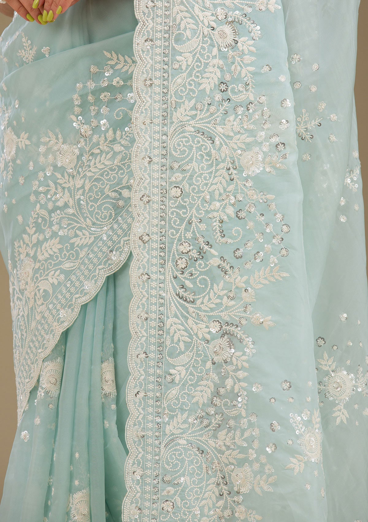 Sky Blue Sequins Tissue Saree-Koskii