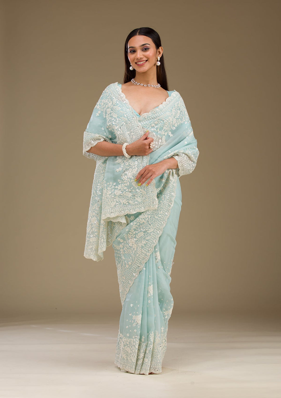 Sky Blue Sequins Tissue Saree-Koskii