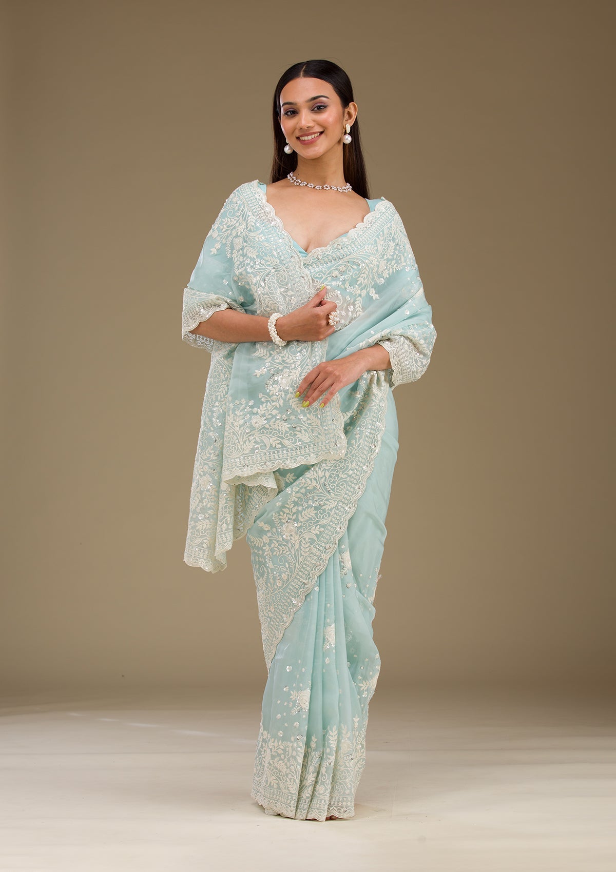 Sky Blue Sequins Tissue Saree-Koskii