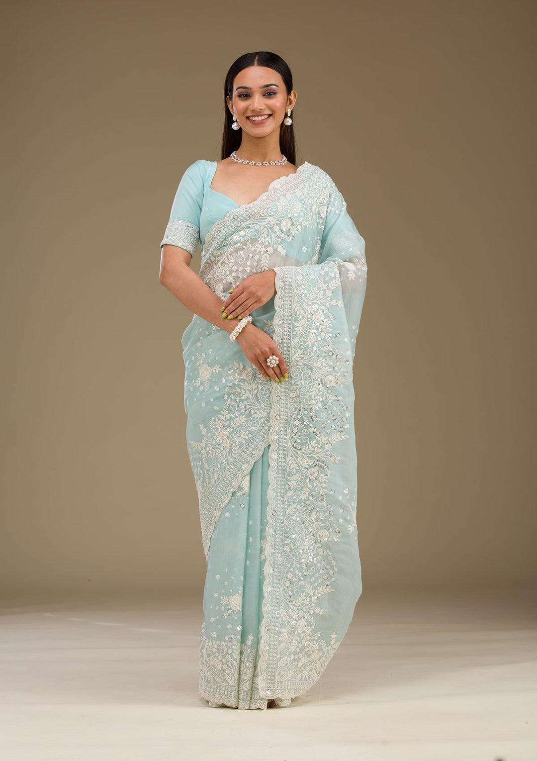Sky Blue Sequins Tissue Saree-Koskii