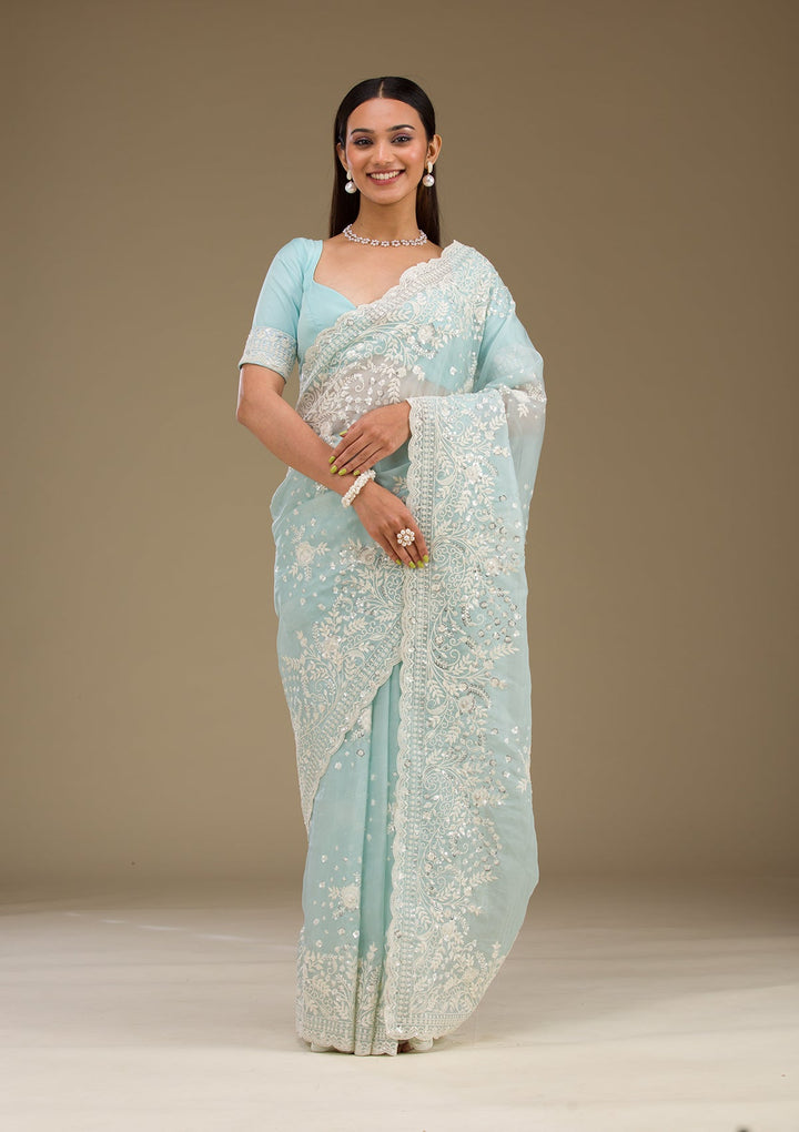 Sky Blue Sequins Tissue Saree-Koskii