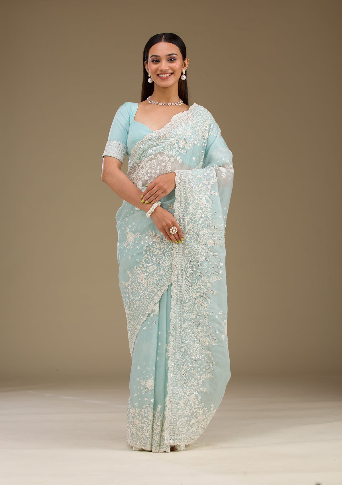 Sky Blue Sequins Tissue Saree-Koskii