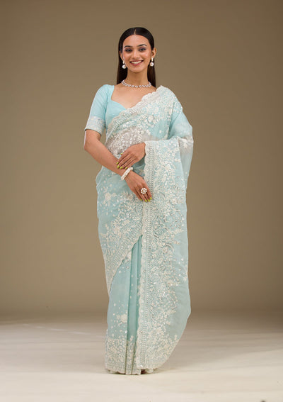 Sky Blue Sequins Tissue Saree-Koskii