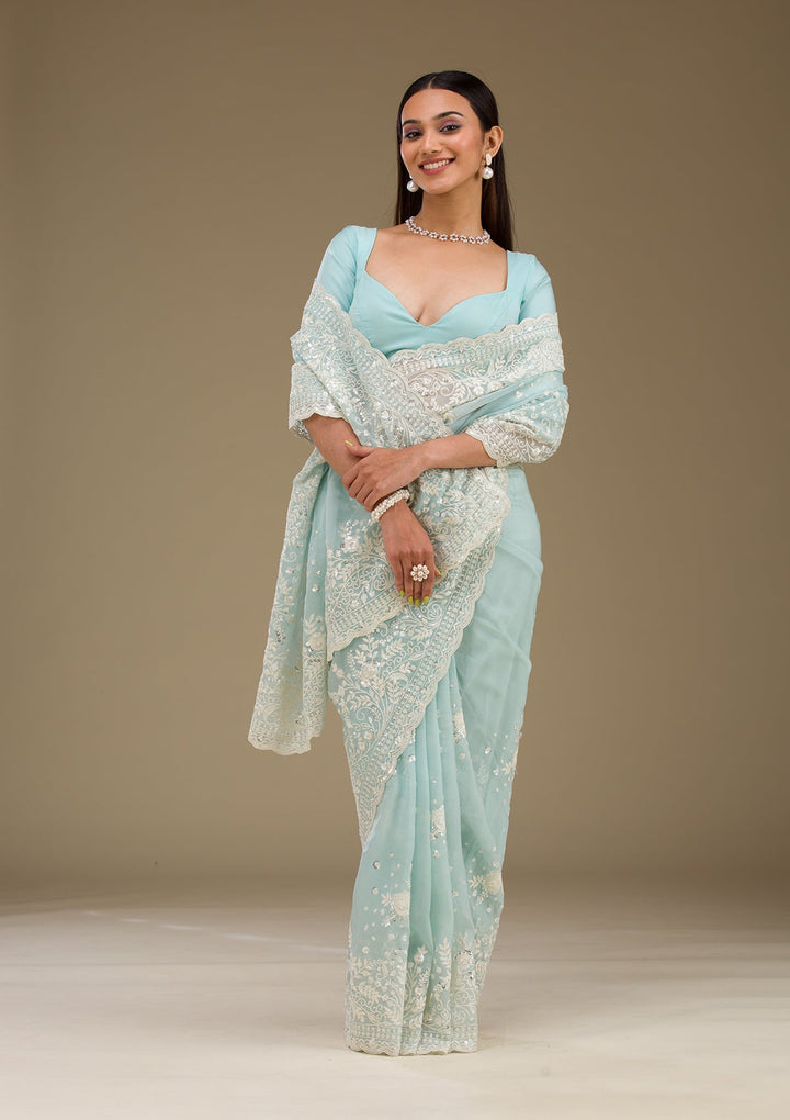 Sky Blue Sequins Tissue Saree-Koskii