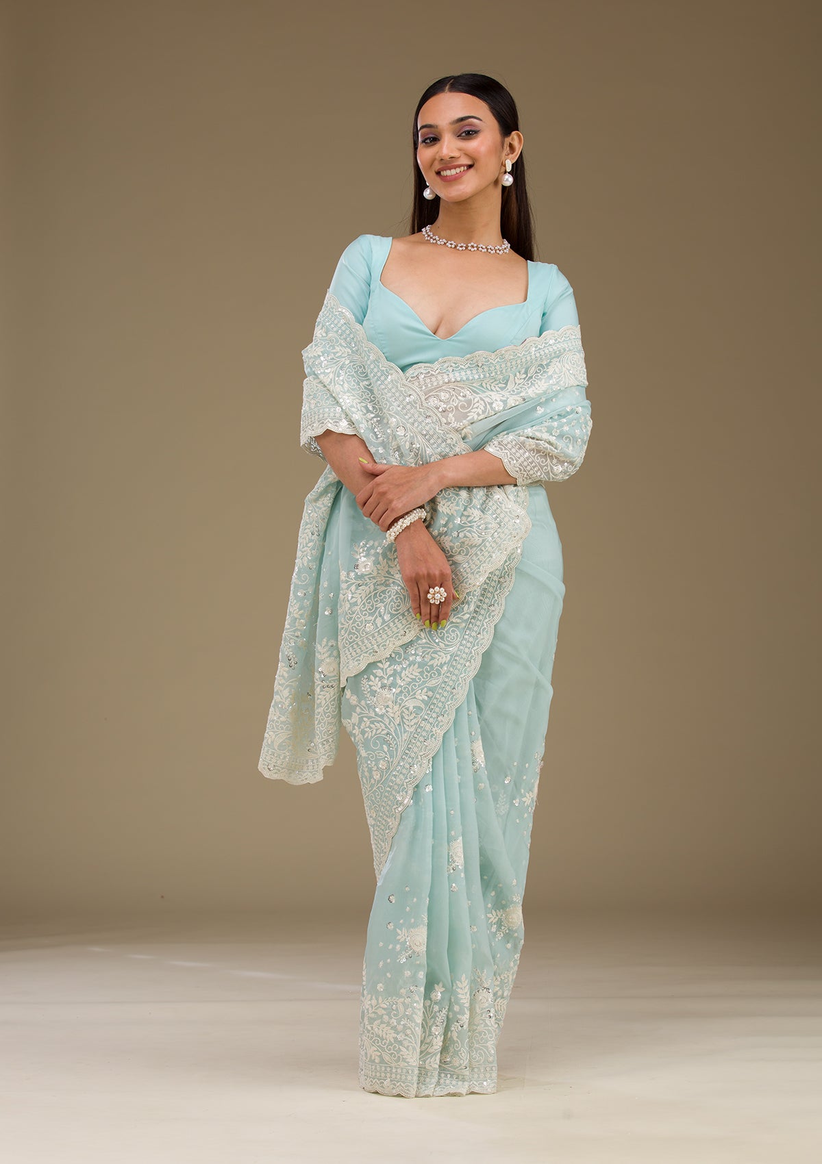 Sky Blue Sequins Tissue Saree-Koskii