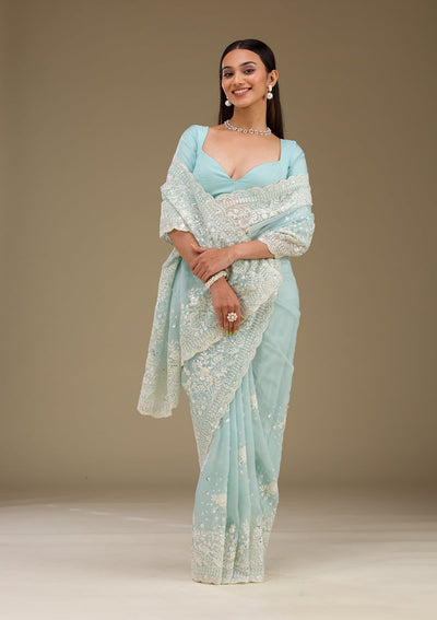 Sky Blue Sequins Tissue Saree-Koskii