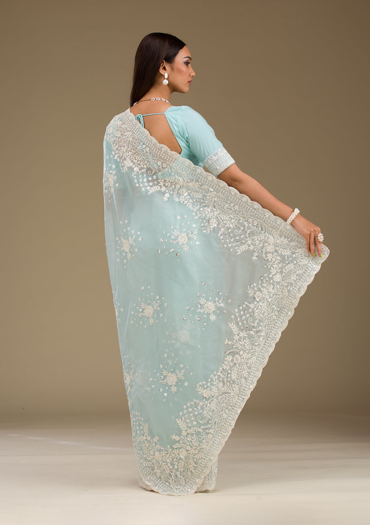Sky Blue Sequins Tissue Saree-Koskii