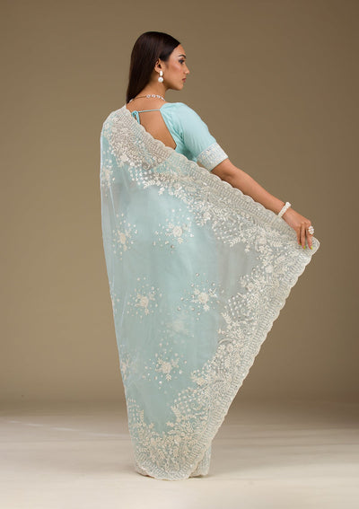 Sky Blue Sequins Tissue Saree-Koskii