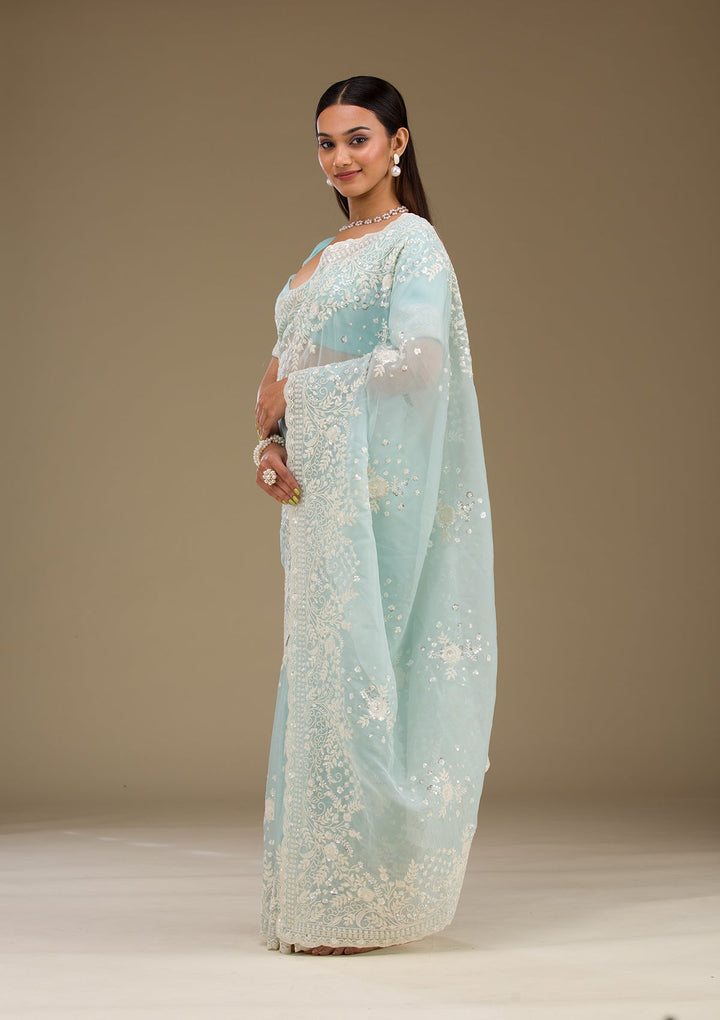 Sky Blue Sequins Tissue Saree-Koskii