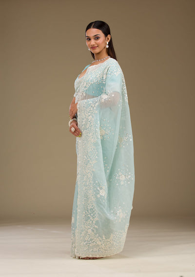 Sky Blue Sequins Tissue Saree-Koskii