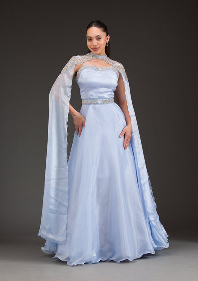 Sky Blue Silver Stonework Net Gown-Koskii