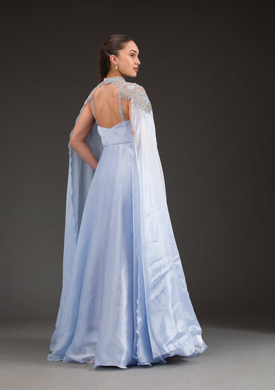 Sky Blue Silver Stonework Net Gown-Koskii