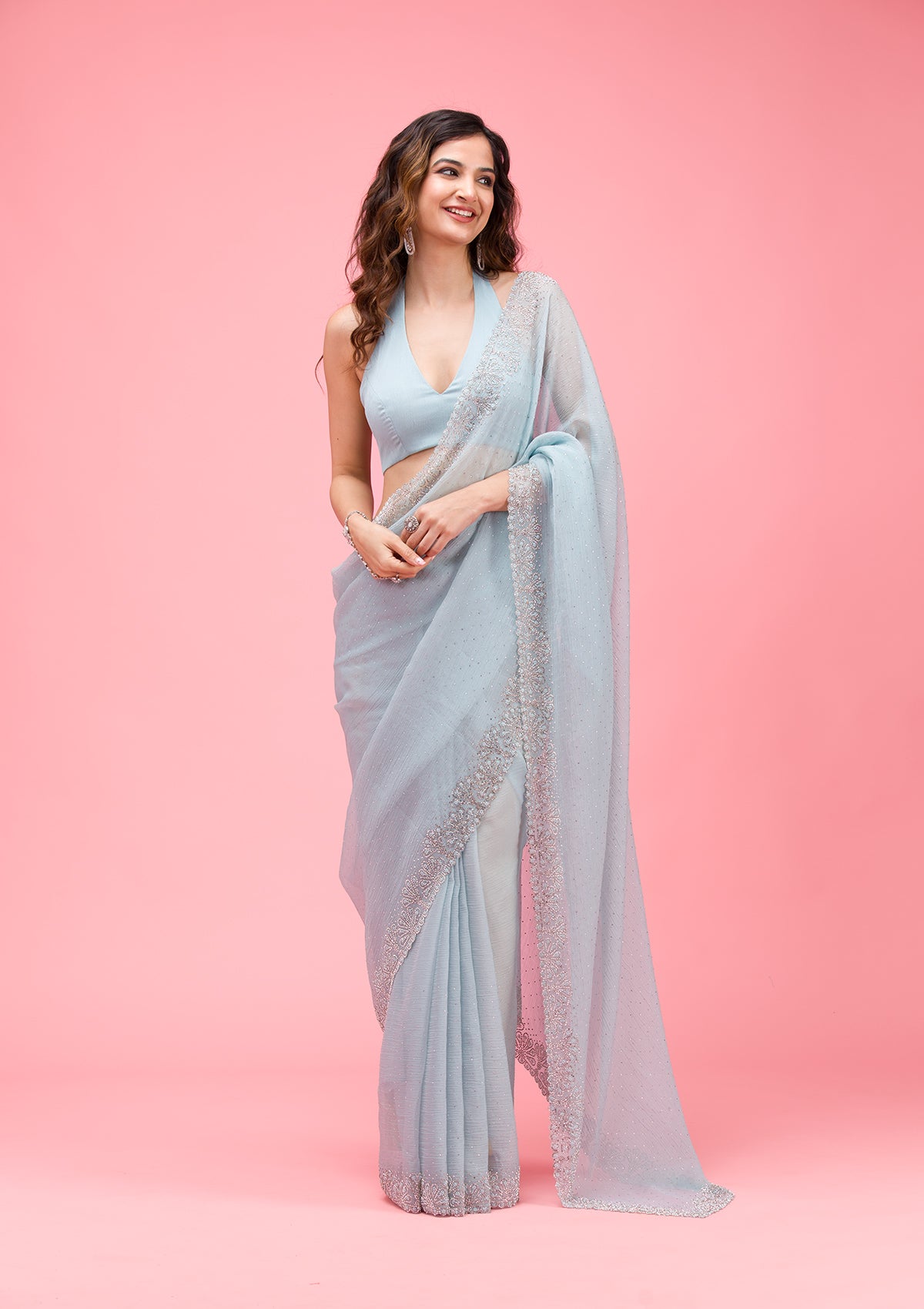 Sky Blue Threadwork Chiffon Saree-Koskii