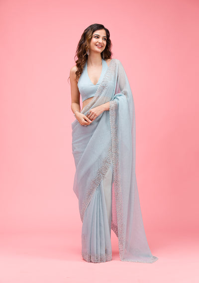 Sky Blue Silver Stonework Tissue Saree