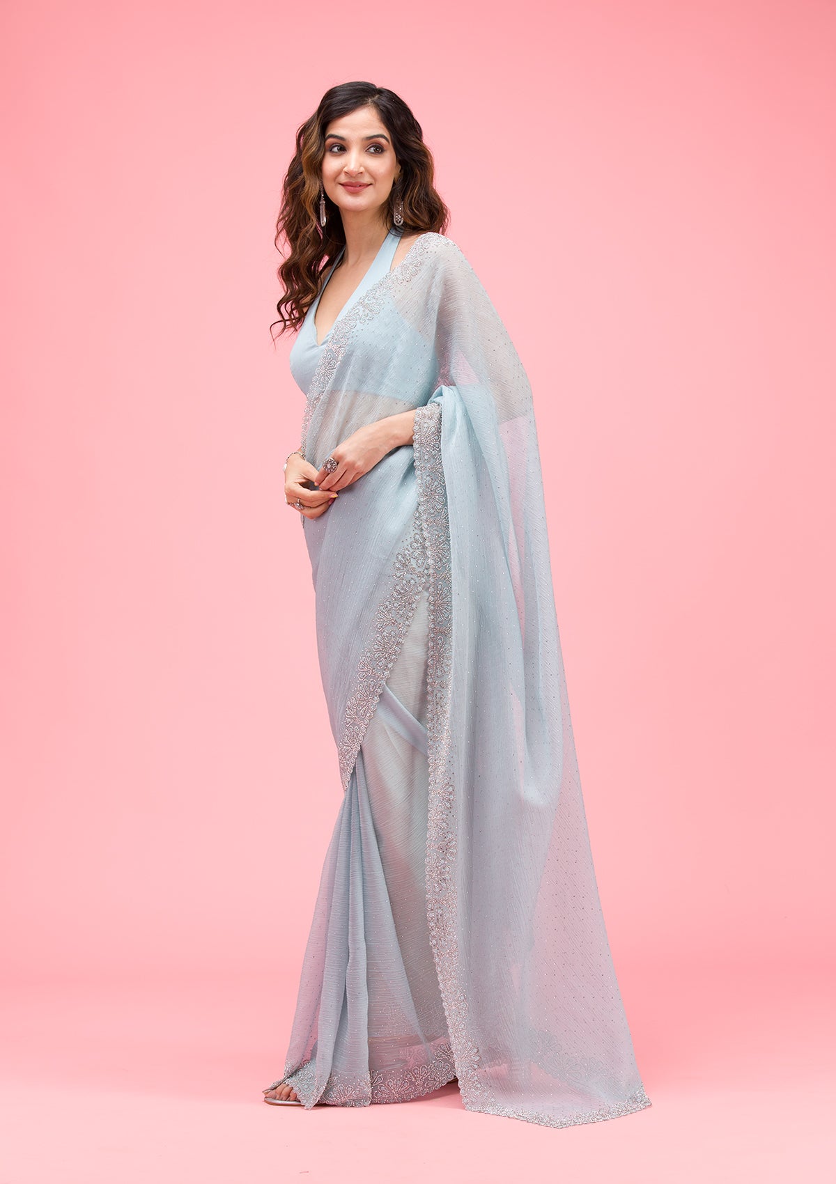 Sky Blue Threadwork Chiffon Saree-Koskii